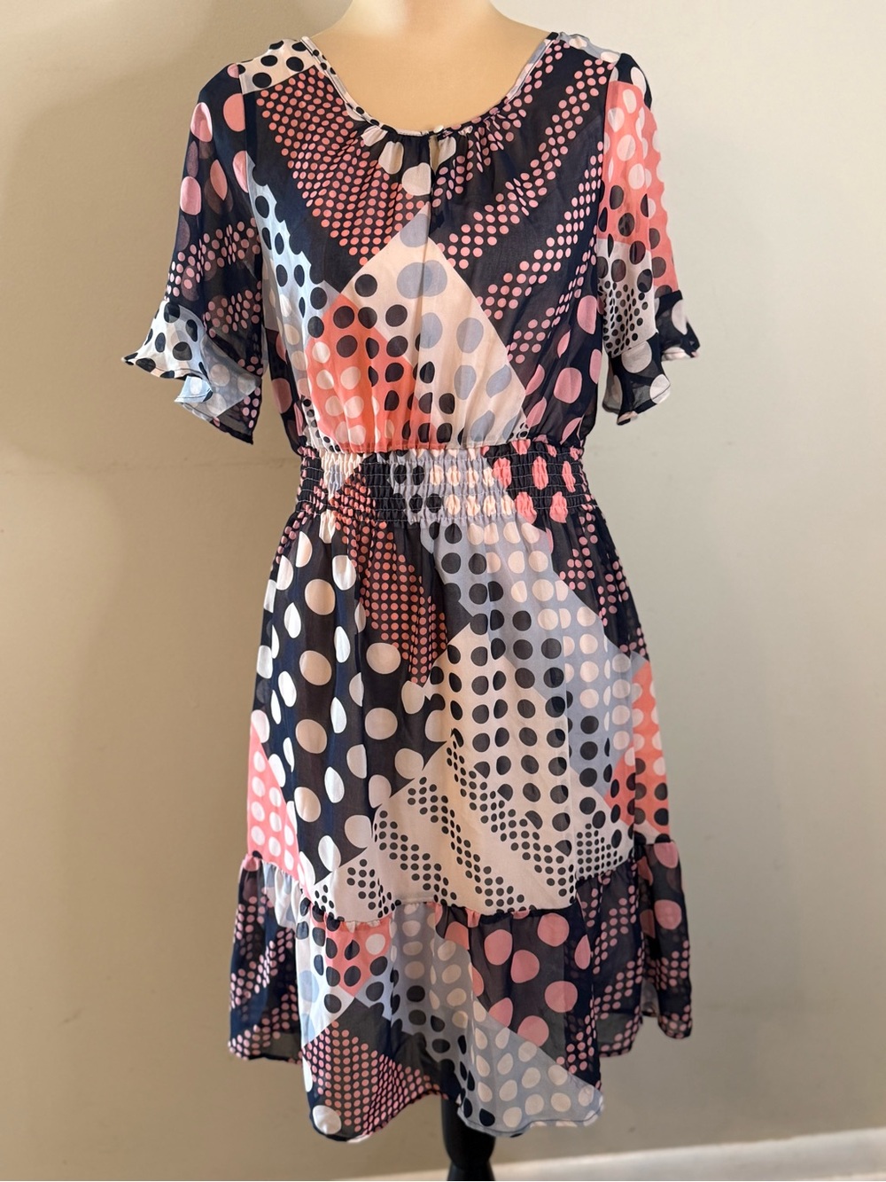 Nautica polka dot patchwork pink black midi dress ruffles SZ M